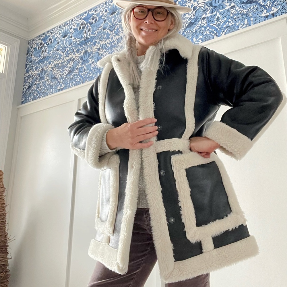 Abercrombie Faux Fur & Leather Coat Sherpa Lined